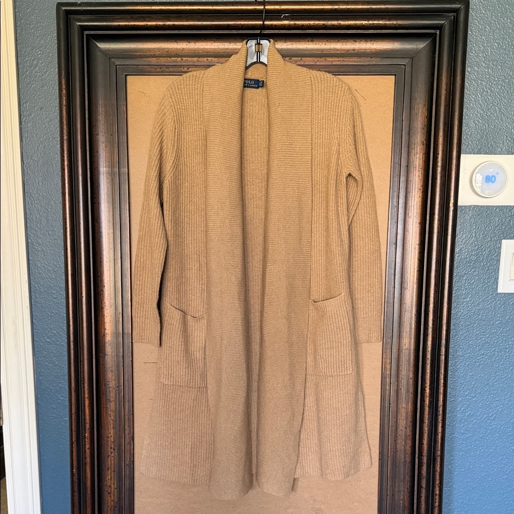 Polo Ralph Lauren Camel Merino Wool Open Front Cardigan with Side Slits